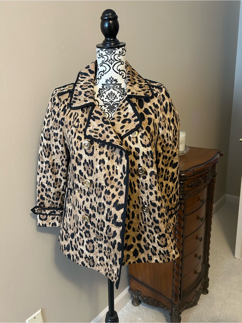 White House Black Market Leopard Print Double-Breasted Pea Coat with Black Trim